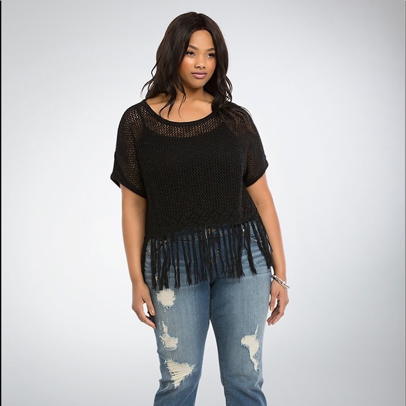 torrid Tops - Torrid Black Open Stitch Fringe Crop Top 3 Boho